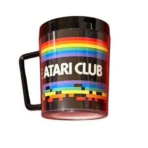 Vtg Rare Atari Club Rainbow Pixel Logo Plastic Thermal Mug Eagle USA Made 1983